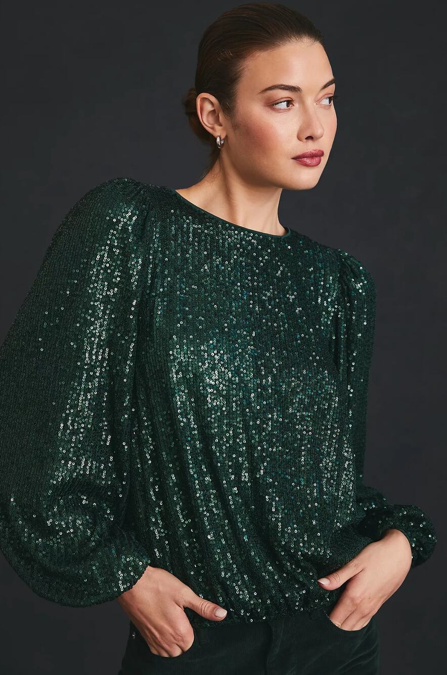 NWT Anthropologie Flat White Green Sequin Top - XS